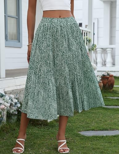 Zeagoo Womens Summer Elastic High Waist Midi Skirt Polka Dot Casual A Line Flowy Skirt with Pockets Green L