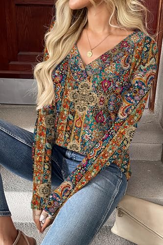 Zeagoo Women's Tops Long Sleeve V Neck Tshirts Fall Outfits Boho Floral Blouses Business Casual Shirts