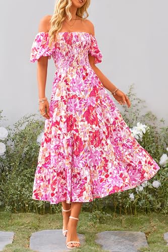 PRETTYGARDEN Women's Casual Summer Midi Dress Puffy Short Sleeve Square Neck Smocked Tiered Ruffle Dresses (Floral Rose Red,Large)