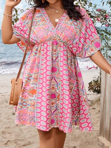 Floerns Women's Plus Size Wrap V Neck Short Sleeve Ruffle Hem A Line Short Dress Pink Tribal 2XL