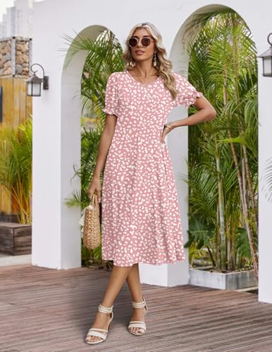 Zeagoo Ladies Dresses Floral Casual Summer Dresses for Women Short Sleeve Dress Womens Midi Dress 2026 Boho Sundress, Pink Dot,L
