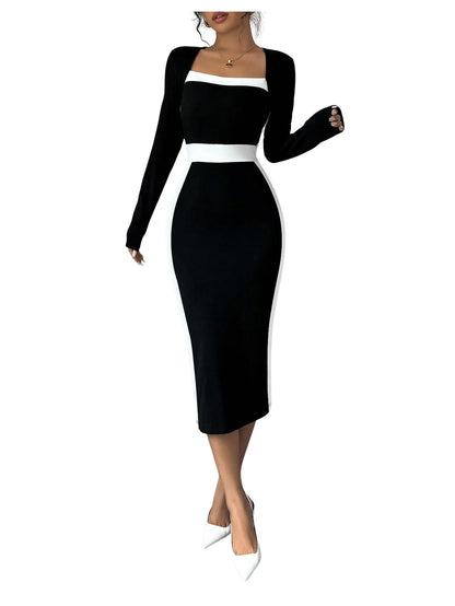 Women Midi Dress - Color Block Square Neck Long Sleeve Bodycon Dress