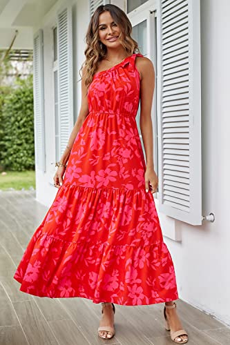 PRETTYGARDEN Women's Summer Floral Maxi Dress Knot One Shoulder Sleeveless Ruffle Flowy Boho Beach Wedding Guest Dresses (Red Floral,Medium)