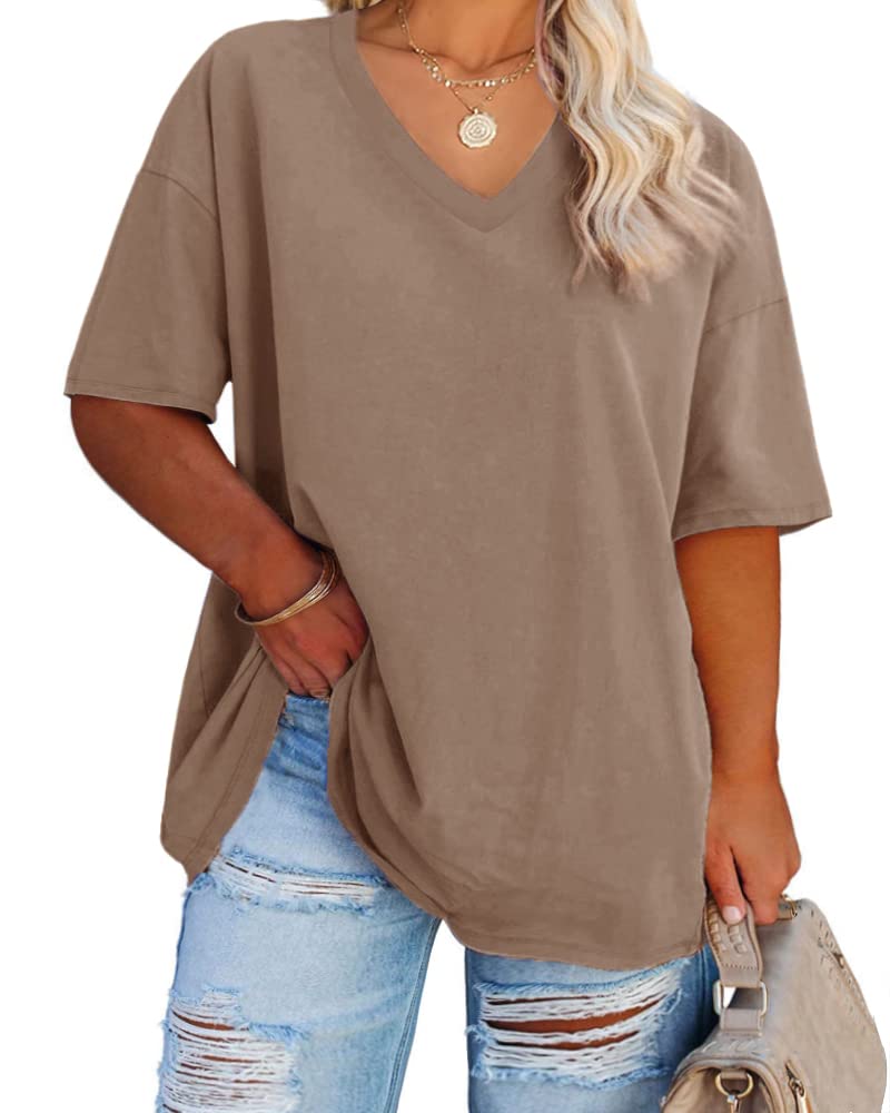 Cato Fashions Online - Women's Plus Size V-Neck Cotton T-Shirts - Summer Half Sleeve Casual Loose Fit Tunic Tops Khaki