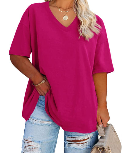 Cato Fashions Online - Women's Plus Size V-Neck Cotton T-Shirts - Summer Half Sleeve Casual Loose Fit Tunic Tops Rose Red