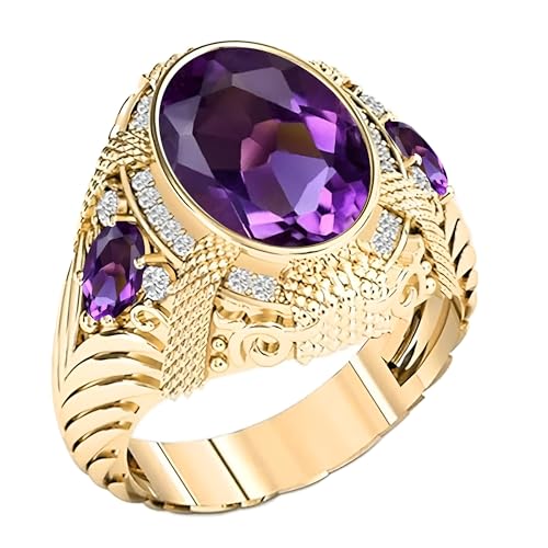 JOOVO 10K 14K 18K Gold 3 Carats Oval Cut Center Stone Mens Amethyst Ring Luxury 4 Cttw Amethyst Ring for Mens Engagement Anniversary Wedding Rings for Broom Husband Dad Fathers Day
