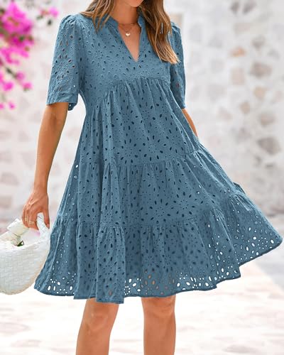 BTFBM Womens Boho Summer Dresses 2026 Spring V Neck Short Sleeve Hollow Out Lace Ruffle Casual Beach Mini Vacation Dress(Grey Blue, Large)