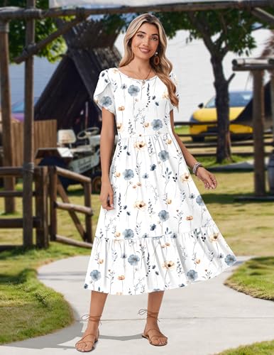 Zeagoo Tee Shirt Dress for Women Summer Short Sleeve Tiered Midi Dresses Boho A Line Casual Loose Sundress with Pockets Shift Crew Neck Dress White Floral L