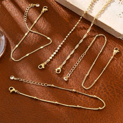 Striviio Gold Bracelets for Women, 14K Gold Plated Stackable Bracelet Stack Set Adjustable Charm Paperclip Chain Snake Link Layered Waterproof Jewelry Sets Gifts