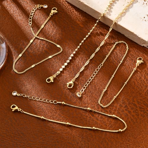 Striviio Gold Bracelets for Women, 14K Gold Plated Stackable Bracelet Stack Set Adjustable Charm Paperclip Chain Snake Link Layered Waterproof Jewelry Sets Gifts