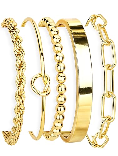 Gokeey Gold Cuff Bracelets for Women Trendy Waterproof, 14K Gold Plated Chunky Gold Bangles Beaded Bracelet for Women Fashion Accessories, Stackable Rope Forever Love Knot Infinity Paperclip Cuban Twist Bracelets Stack Set Bold Vintage Statement Jewelry