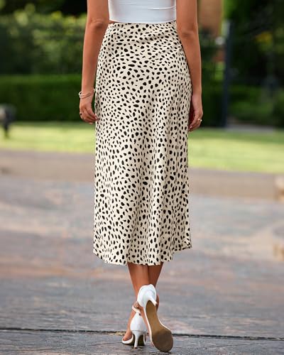 BTFBM Satin Skirts for Women Trendy Spring Summer 2026 High Waisted Leopard Print Cocktail Wedding Long Silk Midi Skirt(Dot Apricot Black, Medium)