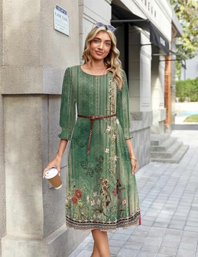 Zeagoo Boho Dresses for Women 2026 Crewneck 3/4 Sleeves A line Casual Flowy Swing Dress Summer Midi Long Sundress Floral-840 S