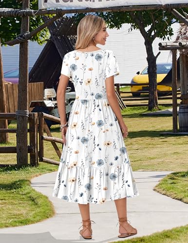 Zeagoo Tee Shirt Dress for Women Summer Short Sleeve Tiered Midi Dresses Boho A Line Casual Loose Sundress with Pockets Shift Crew Neck Dress White Floral L