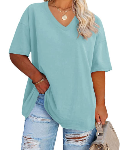 Cato Fashions Online - Women's Plus Size V-Neck Cotton T-Shirts - Summer Half Sleeve Casual Loose Fit Tunic Tops Light Blue