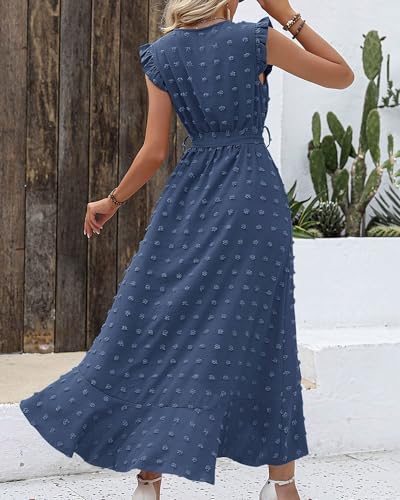 BTFBM Boho Dresses for Women 2026 Summer Fashion Cap Sleeve Swiss Dot Flowy Ruffle Beach Wedding Cocktail Maxi Dress(Blue, Large)