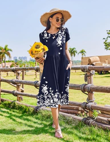 Zeagoo Dress for Women Elegant Classy Short Sleeve Floral Midi Beach Sundress with Pockets Aline Flowy Casual Loose Tshirt Dresses.XL
