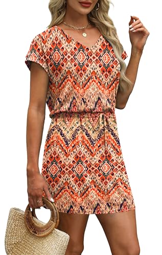 Summer Dresses for Women 2025 Loose V Neck T Shirt Tie Waist Casual Dress Sundresses with Pockets Floral L