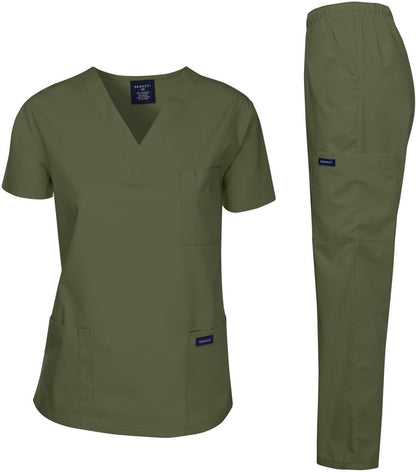 Medical Scrubs Set Unisex - V-Neck Top and Elastic Waist Pants Uniform for Healthcare Workers Olive Green