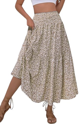 PRSFPN Women's Boho Maxi Skirt Floral Printed Smocked High Waist Long Skirts with Pockets Flowy Ruffle A-Line Summer Beach (Khaki Floral, Small)