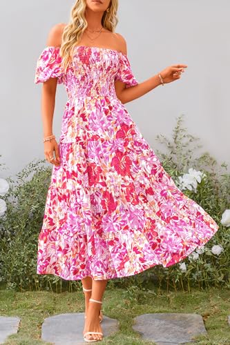 PRETTYGARDEN Women's Casual Summer Midi Dress Puffy Short Sleeve Square Neck Smocked Tiered Ruffle Dresses (Floral Rose Red,Large)