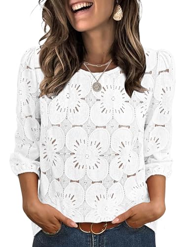Sampeel Womens Tops 3/4 Length Sleeve T Shirts Spring Summer Tops 2026 Trendy Western Outfits Lace Dressy Casual Blouses Ladies Beach Vacation Clothes Boho Fashion Clothing Winter White M