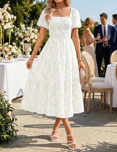 ZESICA Women‘s Summer Boho Floral Midi Dress 2026 Casual Short Sleeve Square Neck Flowy Beach Vacation Long Dress,White,Medium