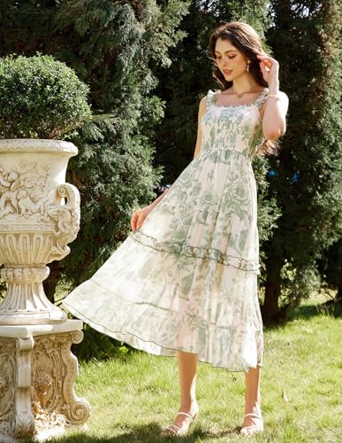 Women Summer Dresses 2026 Sundresses Sleeveless Midi Flowy Floral Dress Green L