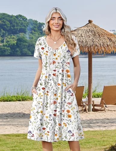 Zeagoo Womens Midi Dresses with Pockets Short Sleeve Dress for Women Long Summer Dresses 2026 Travel Floral Sundress White XL