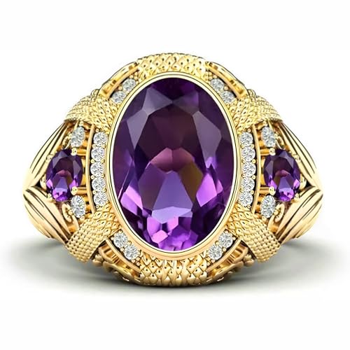 JOOVO 10K 14K 18K Gold 3 Carats Oval Cut Center Stone Mens Amethyst Ring Luxury 4 Cttw Amethyst Ring for Mens Engagement Anniversary Wedding Rings for Broom Husband Dad Fathers Day