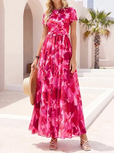 BTFBM Summer Dresses for Women 2026 Formal Short Sleeve Floral Homecoming Dress Maxi Wedding Guest Vacation Outfits(Floral Pink,Large)