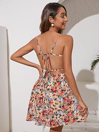Sambhav Quilt Hub Womens Casual Spring Summe Girls Mini Floral Print Ruched Bust Tie Backless Cami Dress (US, Alpha, Large, Multi1)