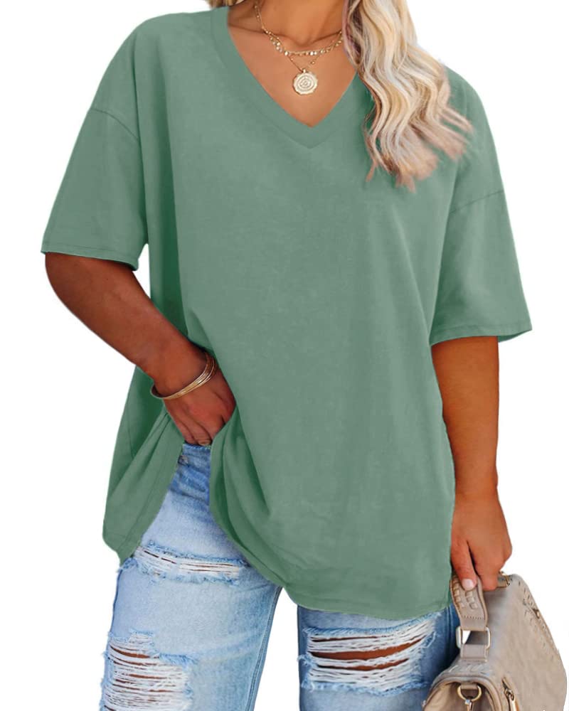 Cato Fashions Online - Women's Plus Size V-Neck Cotton T-Shirts - Summer Half Sleeve Casual Loose Fit Tunic Tops Green