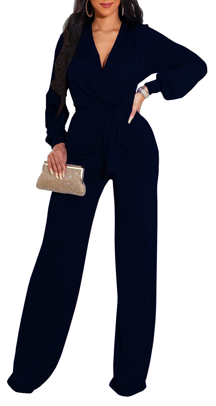 shengfan Formal Jumpsuits for Women Dressy Evening Sexy Deep V Neck Plus Size Long Wide Leg Pants Rompers Clubwear