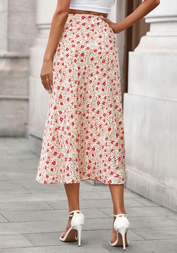 BTFBM Satin Skirts for Women Trendy Summer 2025 High Waisted A-Line Leopard Print Cocktail Wedding Long Silk Midi Skirt(Floral Apricot Red, Small)