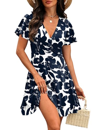 RUMIA Sundresses for Women 2026 Summer Beach Dresses Party A-line Wrap V Neck Dress Spring Clothing Floral Navy 02 L