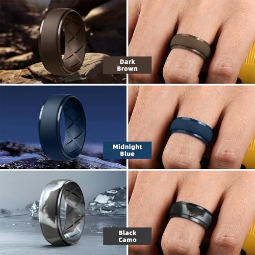 Egnaro Inner Arc Ergonomic Breathable Design, Silicone Rings Mens with Half Sizes, 1/4/5/6/7 Rubber Wedding Bands, 10mm Wide-2.5mm Thick