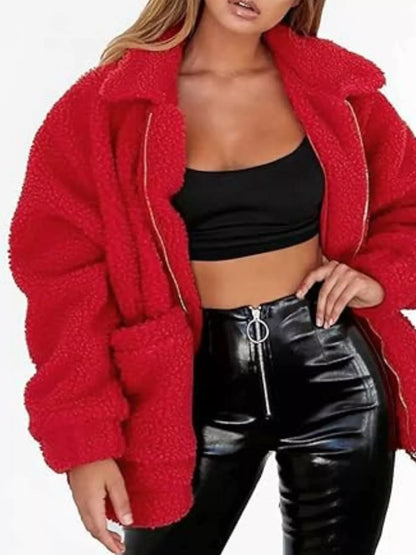 Full Size Cozy Fleece Zip Up Jacket Plus Size Deep Red