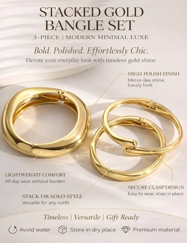 Chunky Gold Bangle Bracelets for Women, Dainty 14k Gold Plated Big Stackable Bangles Set, Trendy Cuff Bracelet Stack Non Tarnish Summer Beach Jewelry Valentines Gifts for Wife Mom