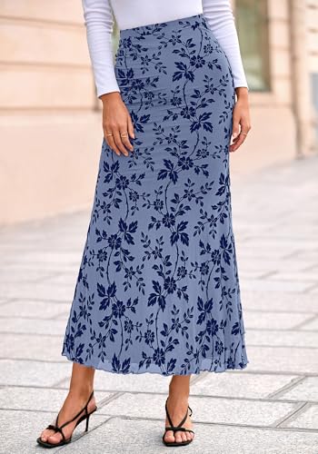 BTFBM Womens Floral Mesh Maxi Skirt 2026 Spring Summer Elastic High Waisted Boho Elegant Mermaid Long Skirts for Women(Dusty Blue, Medium)