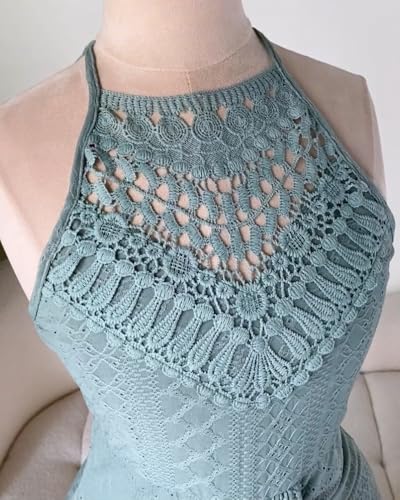 CHICME Womens Holiday Beach Dress Halter Hollow-Out A Line Dress Maxi Sundress Vacation Dresses-GR-M Green