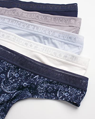 Lucky Brand Women's Underwear - 5 Pack Microfiber Thong Panties (S-XL), Size Large, Blue Iris/Gardenia/Silver Sconce/Blue/Multi