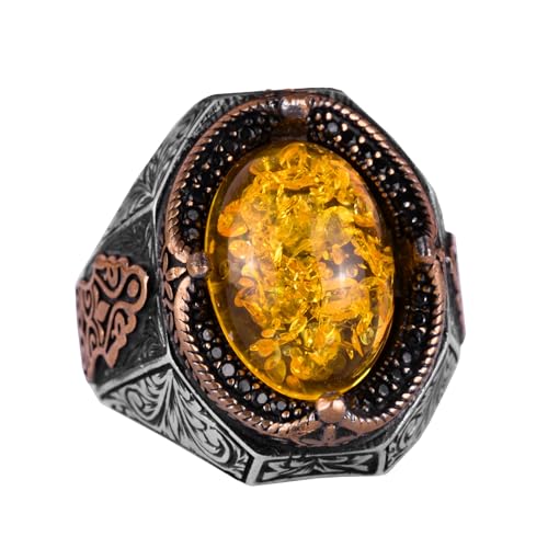 KAMBO Created Stone Ring, Elegant Handmade 925K Sterling Silver Men's Ring, (Honey Amber Created)