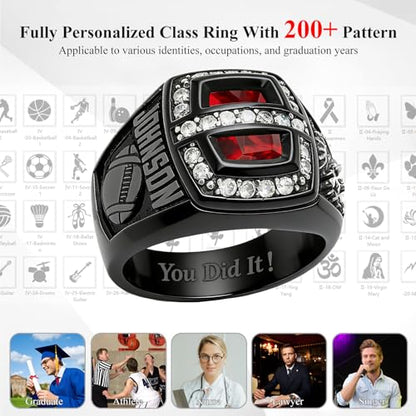 Lypic Custom Class Ring for Men 925 Sterling Silver High School Rings with Birthstone Personalized Black Graduation Ring for Men Style 01