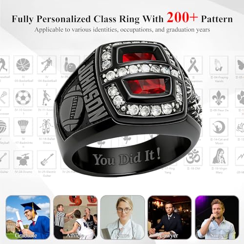 Lypic Custom Class Ring for Men 925 Sterling Silver High School Rings with Birthstone Personalized Black Graduation Ring for Men Style 01