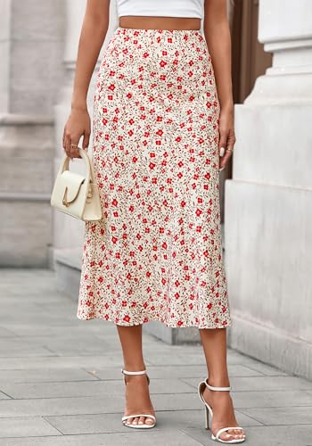 BTFBM Satin Skirts for Women Trendy Summer 2025 High Waisted A-Line Leopard Print Cocktail Wedding Long Silk Midi Skirt(Floral Apricot Red, Small)