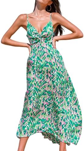 Sundresses - CUPSHE Women's Maxi Dress Floral Print Twisted V Neck Sleeveless Long Dress Summer Casual Dress Green Abstract Large