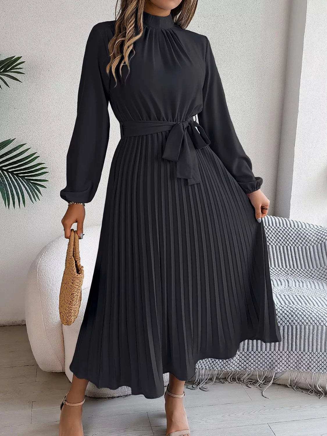 Mock Neck Pleated Midi Dress
