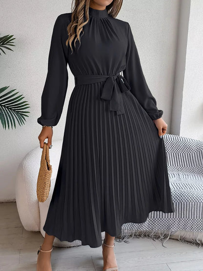 Mock Neck Pleated Midi Dress