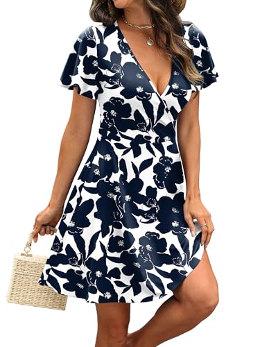 RUMIA Sundresses for Women 2026 Summer Beach Dresses Party A-line Wrap V Neck Dress Spring Clothing Floral Navy 02 L
